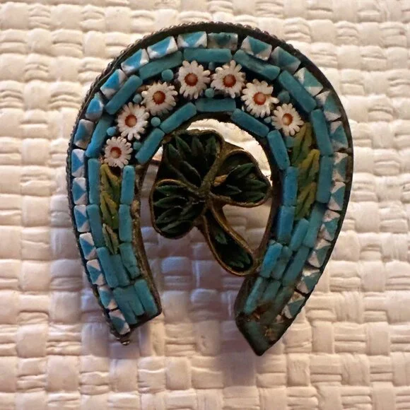 Antique Goldtone Micromosaic Horse Shoe Pin with Four Leaf Clover - Picture 1 of 2